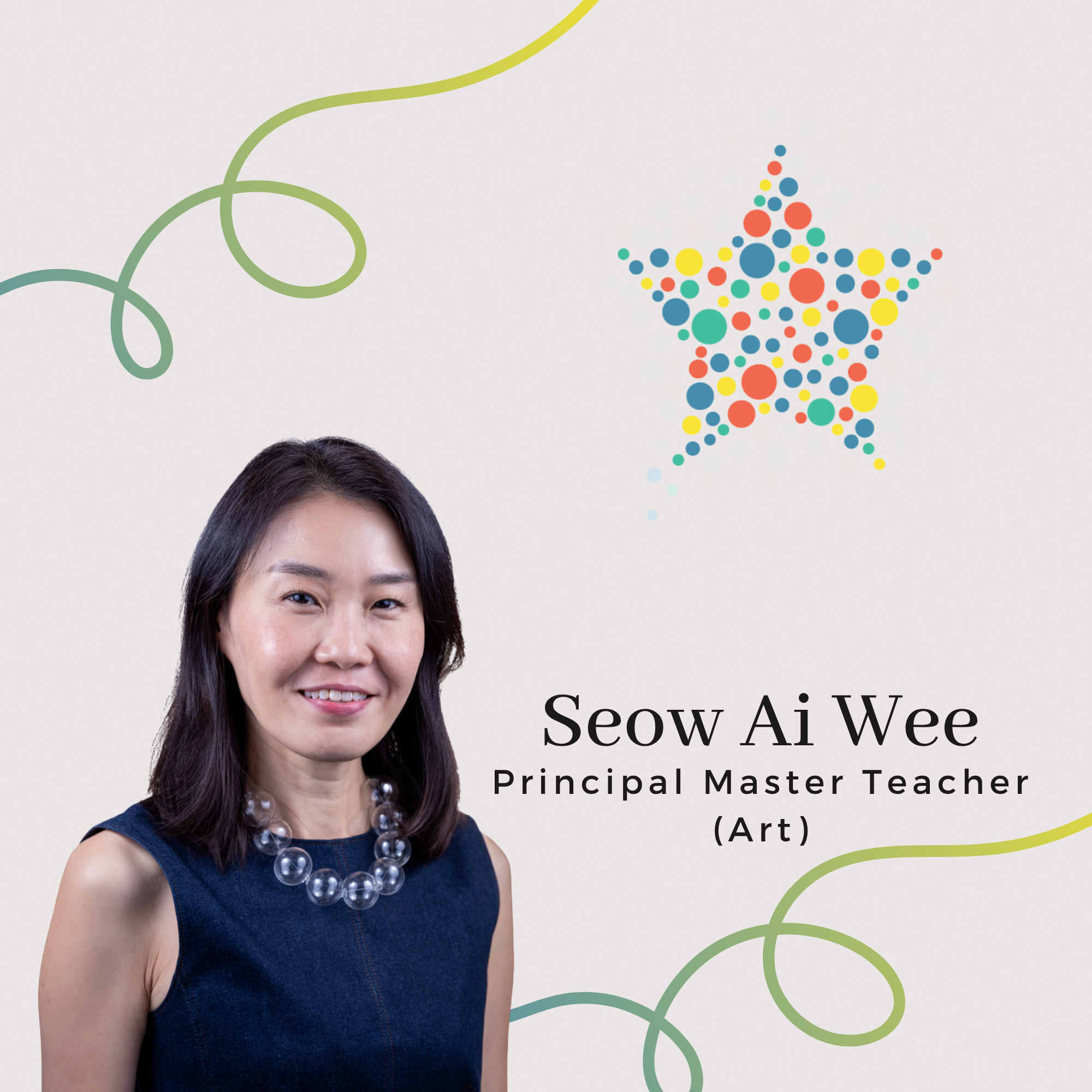 Profile photo of Seow Ai Wee, Principal Master Teacher (Art). A portrait of her with should length dark hair, wearing a dark top and a bubble-liked necklace.
